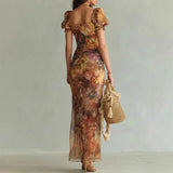 Purpdrank  Boho Vacation Summer Beach Dress Woman Spring Square Collar Hollow Split Bodycon Long Dress Sexy Puff Sleeve Ruffle Maxi Dresses