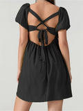 Purpdrank  Women Summer Short Mini Dress Solid Short Puff Sleeve Square Neck Backless Criss-Cross Tie-up Dress Vestidos