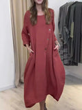 Purpdrank  Summer Fashion New Women's Elegant Loose Cotton Hemp Dress Round Neck Solid Color Half Sleeve Long Dress