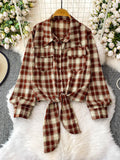 Purpdrank  Retro Hong Kong Sle Plaid Long Sve irt Women's ort Length Turn-down Collar Slimming Waist Tie Top for Autumn 2025