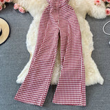 Purpdrank  Summer Fashion Casual Women's Black White Plaid Backless Slim Holiday High Waist Slip Wide Leg Pant Jumpsuit Versatile