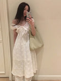 Purpdrank  Ele Embroidered A-Line Dr Women's Summer Chic Bow-Tied Long Dr High Waist Korean Sle Commute Softn Medium
