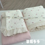 Purpdrank  Princess Style Bedding Sets Ruffle Lace Bow Quilt Cover Romantic Print Bedclothes Home Decor Woman Girl Bedroom Duvet Cover 4pcs