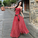 Purpdrank  Casual Waist-Cinching Slimming Patchwork Red Plaid Long Strap Dress for Women