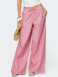 Purpdrank   Summer New Women's Vertical Striped Drawstring Wide Leg Pants Lightweight High Waist Casual Trousers Versatile Loose Fit Pants