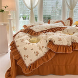 Purpdrank  Fashion Flower Bedding Set Bed Sheet Cute Princess AB Double Sided Ruffle Flower Quilt Cover Pillowcase Bedclothes Home Textiles