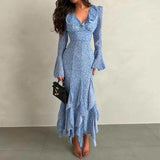 Purpdrank   Elegant V Neck Flared Sleeves Mermaid Long Dress Lady Fashion Slim Fit Wrap Hip Dresses Ruffle Edge Design Spring Holiday Dress