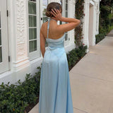 Purpdrank   Casual Halter Hollow Slim Wedding Dress Fashion Backless Summer Long Dresses Satin Off Shoulder High Waist Formal Occasion Dress