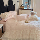 Purpdrank  Cotton Princess Bedding Sets Queen Butterflies Embroidered Chiffon Lace Elegant Soft Flat Sheet With Pillowcases 4PCS