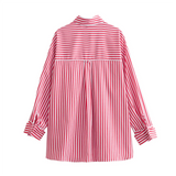 Purpdrank  Spring New Women's Fashion Style Casual Versatile Curled Cuff Stripe Loose Shirt Top