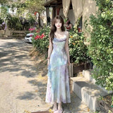 Purpdrank  French Mermaid Princess Summer Elegant Fish Tail Gradient Strap Waist Inward New Style Beach Dress Vacation Long Dress