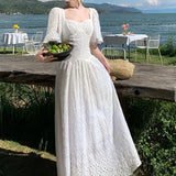 Purpdrank  White Flora Embroidery Long Dress Women Vintage Square Neck Runway Design Elegant Womens Clothing Summer Vacation Bodycon