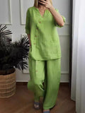 Purpdrank  Summer Fashion New Women's Elegant Cotton and Hemp Two Piece Set V-neck Loose Top Wide Leg Pants Commuter Set