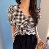 Purpdrank  Summer Vintage Plaid Puff Sleeve Women's Blouses 2025 New Short Sleeve V-neck Casual Slim Shirts for Womens