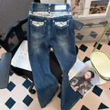 Purpdrank  Lace Patchwork Slim Flared Jeans Women Y2K American Style Skinny Blue Denim Pants Streetwear 2025 New Spring Female Jeans