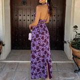 Purpdrank  Summer Sexy Halter Sleeveless Long Dress Women's Elegant Floral Print Boho Dress Fashion High Waist Hollow Out Party Dress