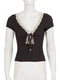 Purpdrank  Dark Brown Lace V Neck Tie Front Women's Chic Tops Short Sleeve Ruched Fitted Blouse New Lady Daily Commute Street Shirts
