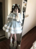 Purpdrank  Winter Japanese Sweet Lolita 2 Piece Set Women Lovely Bow Cloak Coat + Cute Fluffy Strap Dress New Harajuku Christmas Party Suit