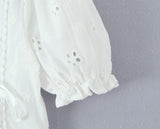 Purpdrank  Sweet White Embroidery Hollow Out Hole Splice Lace Peter Pan Collar Short Sleeve Shirt Women Ribbon Front Slim Crop Tops