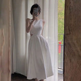 Purpdrank  High-end Women's Furnished French Waist-slim Long Skirt Light Luxury Texture Pure Sleeveless White Waist-disguised Dress Summer