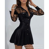 Purpdrank  Elegant Women Corset Shirt Dress Chic Sexy Fashion 2024 Lace Long Sleeve Party Dress Single Breasted Slim Pleated Mini Dress