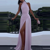 Purpdrank  Elegant Halter Backless Solid Long Party Dress Fashion High Waist Hollow Slit Dress Sexy Sleeveless Draped Slim Women's Dress