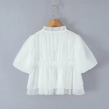 Purpdrank  Stylish Yellow Bow Wood ears O collar Short Lantern Sleeve Shirt Women 2 Layers Ruffles Hem Chiffon Crop Tops Blouse Femme