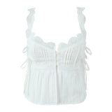 Purpdrank  White Spliced Lace Strap Open Buttons Slit Front Sexy Corset Women Summer Tank Tops Lacing up Bandage Bow Waist Crop Top