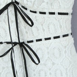 Purpdrank  White Embroidery Hollow Out Hole Lace Halter V Collar Backless Mini Dress Women Ribbon Bow Waist A-lined Short Dresses Robe
