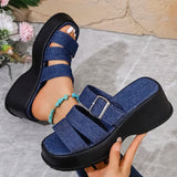Purpdrank  Blue Denim Chunky Platform Slippers Women Fashion Buckle Wedge Heels Sandals Woman Summer Comfort Thick Bottom Outdoor Slippers