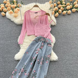 Purpdrank - Women Sweet Korean Pink Sweet 3 Pieces Set For Women Knitted Sling Vest +sunscreen+floral Print Wide Leg Denim Long Pants Suits