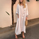 Purpdrank  Summer Fashion New Women's Elegant Loose Cotton Hemp Dress Round Neck Solid Color Half Sleeve Long Dress