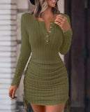 Purpdrank Autumn New Women's Round Neck Long Sleeved Sexy Spicy Girl Tight Fitting Hip Hugging Dress With Adjustable Side Drawstring