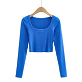 Purpdrank  Spring Solid Color Threaded Long-Sleeved T-Shirt Square Neck Slim Fit Hot Girl Top European American Fashion
