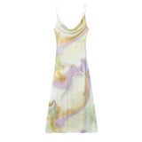 Purpdrank  2025 Women Fashion Pleat V Neck Tie Dyed Print Mesh Yarn Sling Long Dress Female Chic Summer Beach Wear Vestidos DS9321