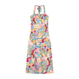 Purpdrank  Summer New Product Women's Linen Blended Printed Hanging Neck Strap pleated Long Skirt Midi Dress