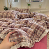 Purpdrank  INS Korean Style2025 New Yungan Cotton Wrinkled Double-layer Yarn Lace Bedding Sets