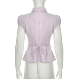 Purpdrank  Sweet and Spicy Girl Dopamine Yellow Striped Embroidered Shirt Strap Waist Lapel Bubble Sleeve Top Summer Temperament Fashion