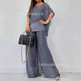 Purpdrank  Luxury High-end Women 2 Pieces Set Summer Chiffon O Neck Short Sleeve Beaded Patchwork Top Wide Leg Pant High Waist Trouser Suit