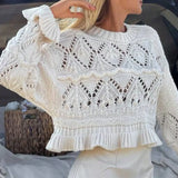 Purpdrank  White Crochet Hollow Knit Sweater round Neck Long Sleeve European American Style Fashion Top with Short Ruffle Hem
