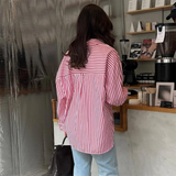 Purpdrank  Spring New Women's Fashion Style Casual Versatile Curled Cuff Stripe Loose Shirt Top