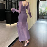 Purple Mature Sexy Beautiful Confident Elegant Graceful Women'S Translucent Thin Straight Dress