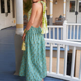Purpdrank   New Floral Print Sleeveless Women's Long Dress Sexy Backless Holiday Dresses Hanging Neck Deep V Splicing Summer Bohemian Dress