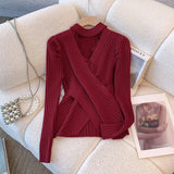 Purpdrank  Lace Criss-Cross Knitted Sweaters Women's Autumn Winter Sexy Hollow Out Pullovers Popular V-neck Long Sleeve Slim Tops Knitwear