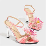 Purpdrank  Pink Flower Embellished Heeled Sandals Women Fashion Ankle Strap Buckle Brand Designer Shoe Elegant Pointed Toe Party Dress Shoe