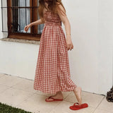 Purpdrank   Summer New Women Gingham Plaid Spaghetti Strap Maxi Dress Smocked Elastic Waist A-Line Flowy Dress Casual Vacation Beach Dress