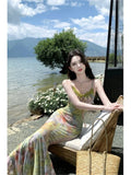Purpdrank  Women Summer Holiday Beach Long Dress Vintage Printed Floral Sexy Bodycon Dress Strapless V-neck Elagant Lace-up Party Dress