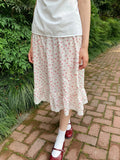 Purpdrank  Red Floral Ruffles Midi Skirts Women Summer Elastic High Waist Lace Trim A-line Faldas Casual Sweet Cotton Thin Long Skirts New