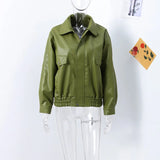 Purpdrank  Fashion Green Leather PU Jacket Women Loose Laple Zipper Long Sleeve Single Breasted Pocket Coat 2025 Autumn New Lady Streetwear