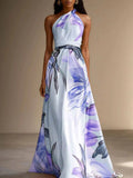 Purpdrank  Summer Sleeveless Off Shoulder A-Line Woman Dress Elegant Lace Up Diagonal Collar Boho Dress Sexy Print Shirring Holiday Dressss